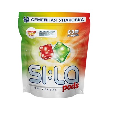Капсулы для стирки SI:LA SUPER SET FAMILY PACK, для цветного и белого белья, набор  для полной и половинной загрузки 63 шт, дой пак