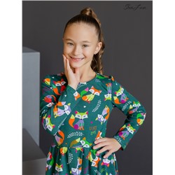 Платье Эля лисы разноцветные на зеленом