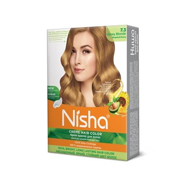 HONEY BLONDE 7.3 Nisha Creme Hair Color (МЕДОВЫЙ БЛОНД 7.3 крем-краска для волос, Ниша), 20 г + 20 мл + 6 мл.