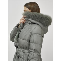 Пальто утепленное с капюшоном и мехом зимнее женское цвета хаки 133203Kh