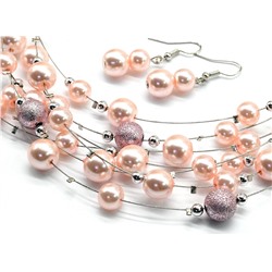 Колье, Серьги 7нитей из майорки, цв.розовый, 45см