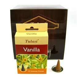 Tulasi Incense CONES VANILLA, Sarathi (Туласи благовония КОНУСЫ ВАНИЛЬ, Саратхи), уп. 15 конусов.