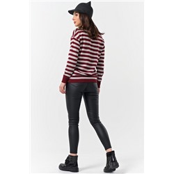 Пуловер вязаный теплый в полоску винный