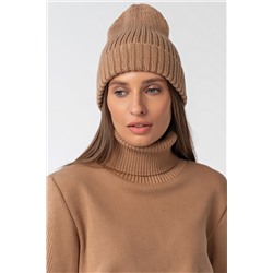 Шапка вязаная бини с отворотом кэмел