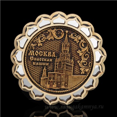 Магнит из бересты г. Москва "Спасская Башня" 70*70мм вставка серебристая