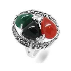 Кольцо из серебра агат, зеленый агат, марказит, оникс, SL-AGA109
