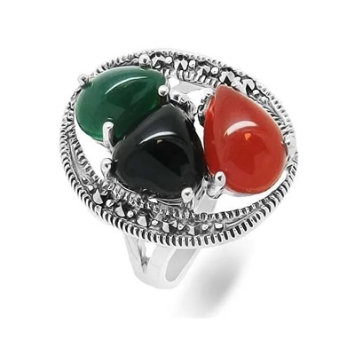 Кольцо из серебра агат, зеленый агат, марказит, оникс, SL-AGA109