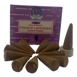 NAG CHAMPA FRENCH LAVENDER DHOOP CONES, Satya (НАГ ЧАМПА ФРАНЦУЗКАЯ ЛАВАНДА конусные благовония, Сатья), уп. 12 конусов + подставка.