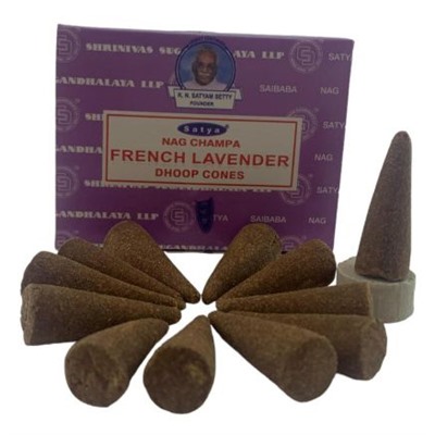 NAG CHAMPA FRENCH LAVENDER DHOOP CONES, Satya (НАГ ЧАМПА ФРАНЦУЗКАЯ ЛАВАНДА конусные благовония, Сатья), уп. 12 конусов + подставка.
