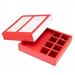 Коробка с обечайкой под шоколадку и 8 конфет, красная с окном 19,5*19*3,8 см