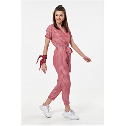 Комбинезон летний брючный в полоску на красном