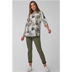 Блузка удлиненная свободная с принтом на белом