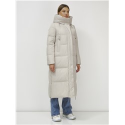 Пальто утепленное стеганное зимнее с капюшоном женское бежевого цвета 9625B