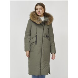 Пальто зимнее женское с мехом енот премиум класса цвета хаки 3006_1Kh