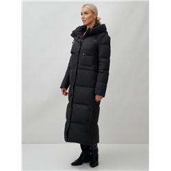 Пальто утепленное стеганное зимнее с капюшоном женское черного цвета 9611Ch