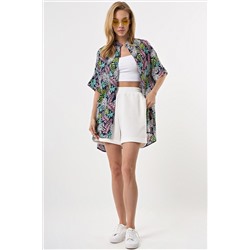 Рубашка летняя с коротким рукавом из хлопка с принтом на синем