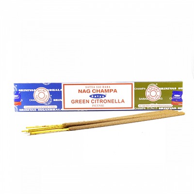 Satya COMBO, NAG CHAMPA + GREEN CITRONELLA (Благовония КОМБО, НАГ ЧАМПА + ЗЕЛЁНАЯ ЦИТРОНЕЛЛА, Сатья), 16 г.