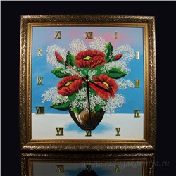 Часы-картина в багете, пейзаж маки в вазе, 34,5*34,5см