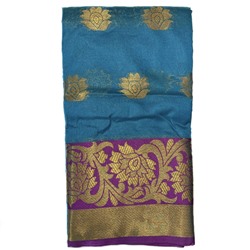Сари однотонное СИНЕЕ, с каймой ФИОЛЕТОВОГО цвета и Золотистой вышивкой (Size: Onesize, с отрезом для блузы), 1 шт.