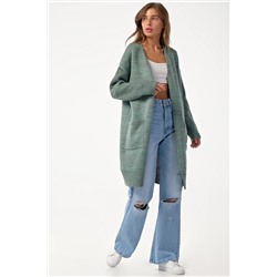 Кардиган вязаный оверсайз с карманами серо-зеленый