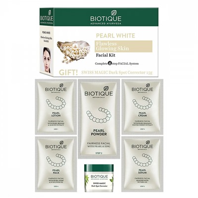 PEARL WHITE FACIAL KIT, Biotique (БЕЛЫЙ ЖЕМЧУГ Набор для всех типов кожи лица, Биотик), 65 г. - СРОК ГОДНОСТИ ДО 31 ИЮЛЯ 2025 ГОДА