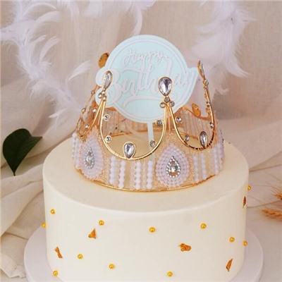 Топпер с алмазом «Happy Birthday» голубой с белой надписью