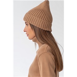 Шапка вязаная бини с отворотом кэмел