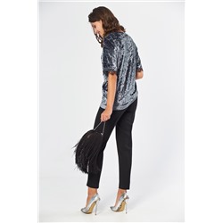 Блузка бархатная прямая с коротким рукавом серо-голубая