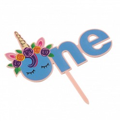 Топпер "One, единорог с цветами" голубой 8,5*14 см
