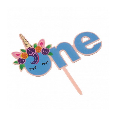 Топпер "One, единорог с цветами" голубой 8,5*14 см
