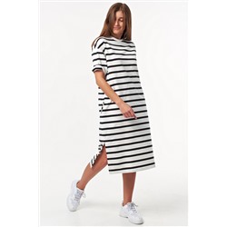 Платье прямое миди из футера в полоску на белом