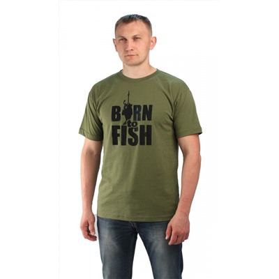 Футболка цв.хаки. Принт "Born to fish"