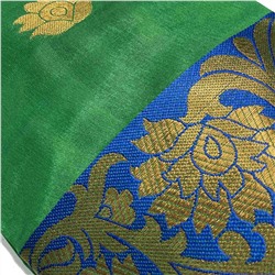 Сари однотонное ЗЕЛЕНОЕ, с каймой СИНЕГО цвета и Золотистой вышивкой (Size: Onesize, с отрезом для блузы), 1 шт.