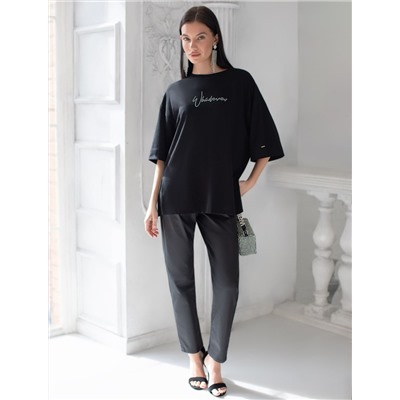 Футболка оверсайз с принтом стразами из премиального хлопка с эластаном