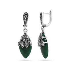 Серьги из серебра зеленый агат, марказит, SL-AGA40