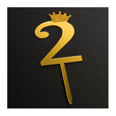 Топпер "Цифра 2" с короной золото 6,5*10,5 см