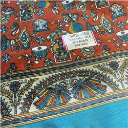Сари ISHITA HOUSE, Malamal Silk, с печатным принтом МУЗЫКА УРОЖАЯ, цвет ОРАНЖЕВЫЙ С ГОЛУБОЙ КАЙМОЙ (Size: Onesize, с отрезом для блузы), 1 шт.