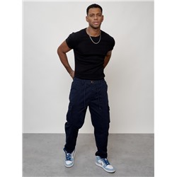 Джинсы карго мужские с накладными карманами темно-синего цвета 2418TS