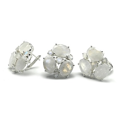 Кольцо Серьги С925 с беломоритом-лунным, размер 18,5, 26г