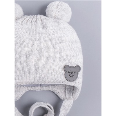 Шапка вязаная детская с двумя бубонами, на завязках, нашивка HAPPY BEAR, светло-серый