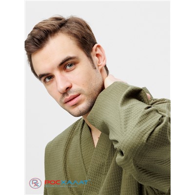 Мужской вафельный халат с планкой хаки В-03 (26)