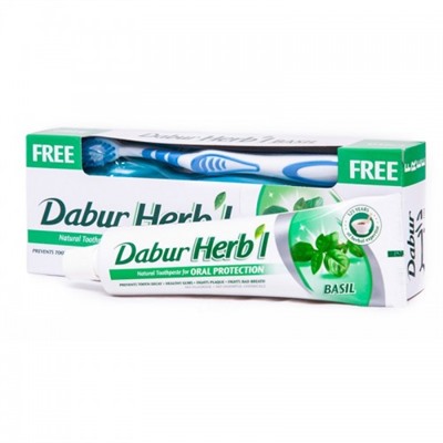 Herb'l Oral Protection BASIL Toothpaste Dabur (Зубная паста Хербал с БАЗИЛИКОМ, защита полости рта (зубная щетка в подарок), Дабур), 150 г.