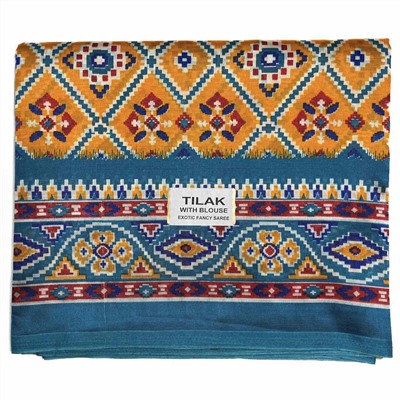 Сари TILAK с печатным принтом ЭТНИКА, цвет ЖЕЛТО-ГОЛУБОЙ (Size: Onesize, с отрезом для блузы), РАЗНЫЙ ДИЗАЙН, 1 шт.