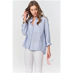 Рубашка хлопковая оверсайз с длинным рукавом в полоску на голубом