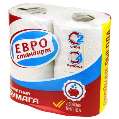Туалетная бумага  ЕВРОСТАНДАРТ 2 слоя  4шт. Белая