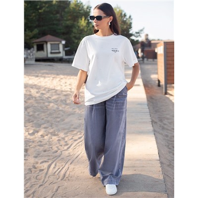 Удлиненная футболка over-size с  принтом стразами