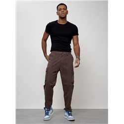 Джинсы карго мужские с накладными карманами коричневого цвета 2418K