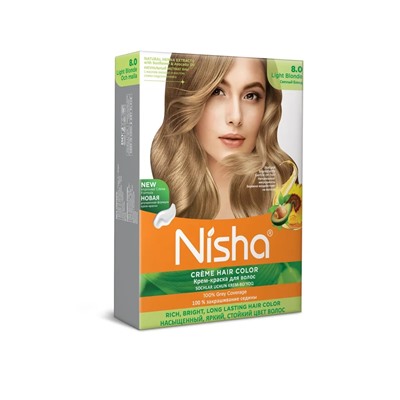 LIGHT BLONDE 8.0 Nisha Creme Hair Color (СВЕТЛЫЙ БЛОНД 8.0 крем-краска для волос, Ниша), 20 г + 20 мл + 6 мл.
