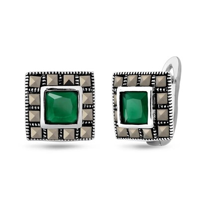 Серьги, марказит , синт.изумруд, SL-AGA1549