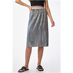 Юбка трикотажная блестящая миди на резинке серебристо-черная